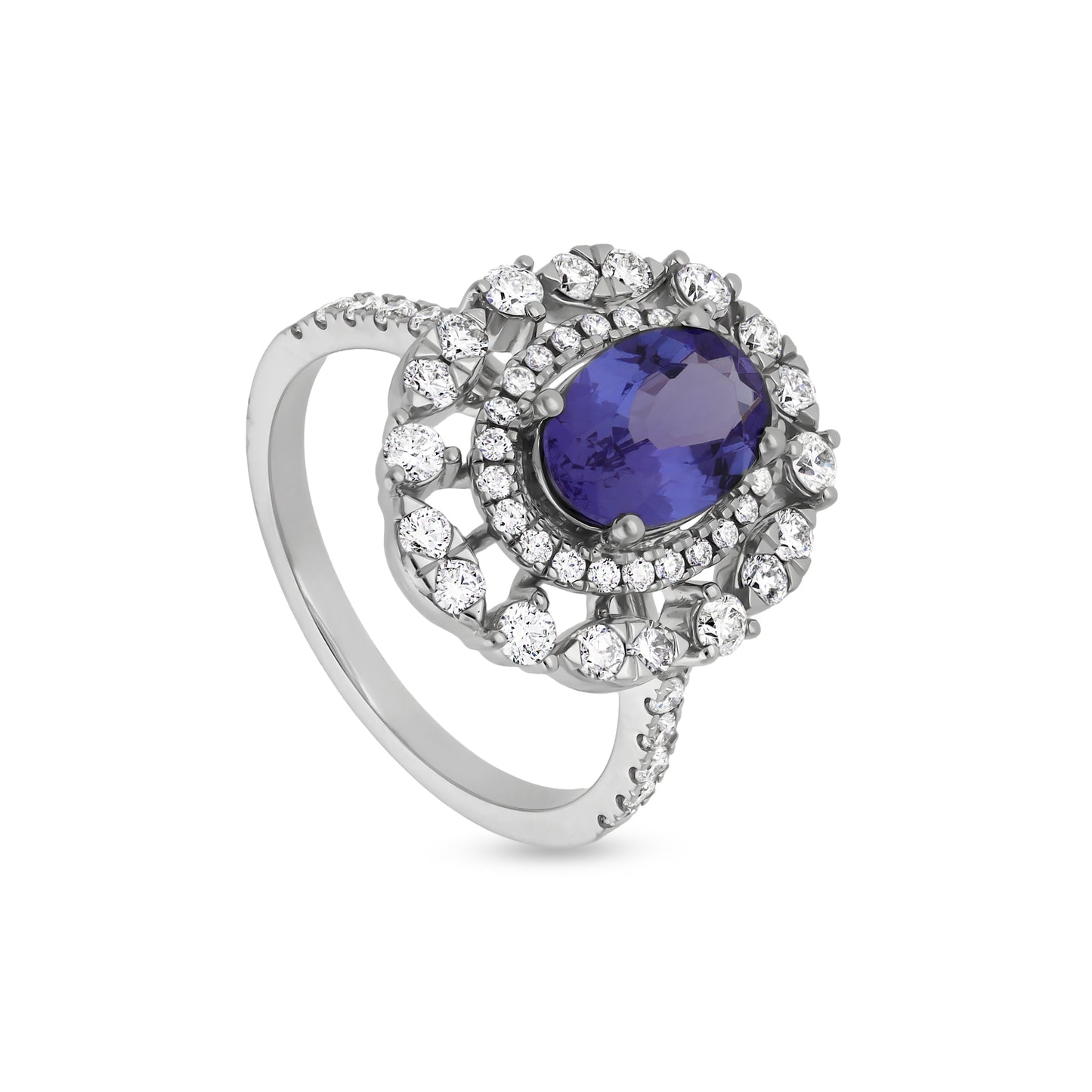 Blue oval Tanzanite With Round Natural Diamond White Gold Halo Ring