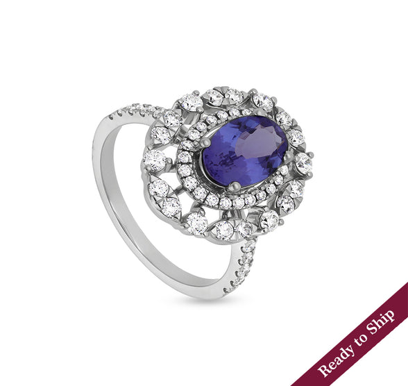 Blue oval Tanzanite With Round Natural Diamond White Gold Halo Ring