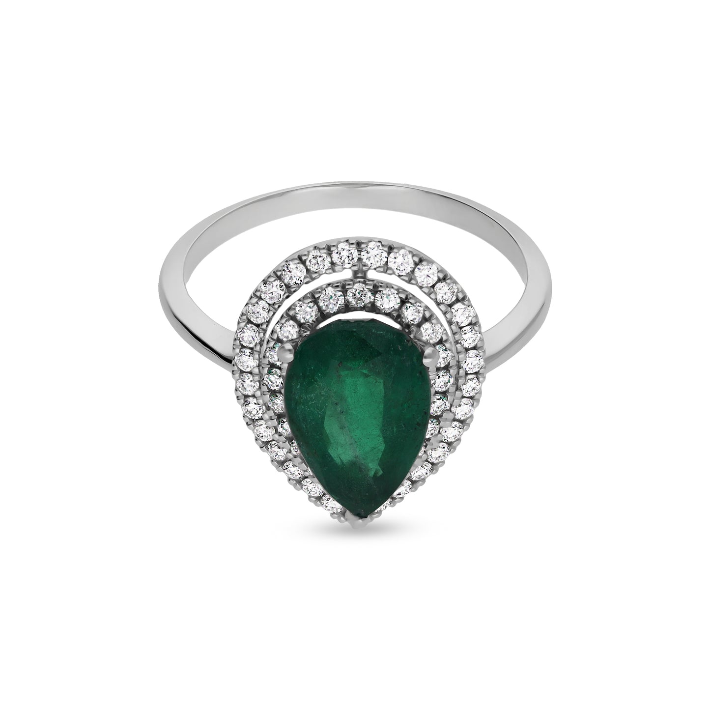 Green Pear Shape With Round Natural Diamond White Gold Double Halo Ring