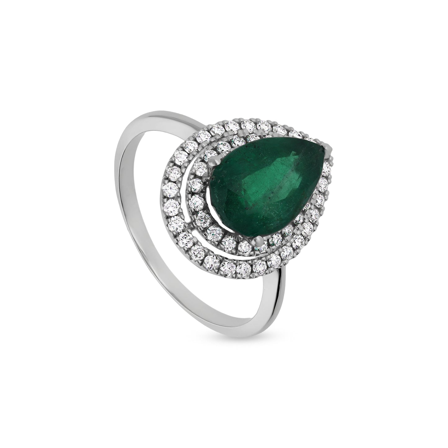 Green Pear Shape With Round Natural Diamond White Gold Double Halo Ring
