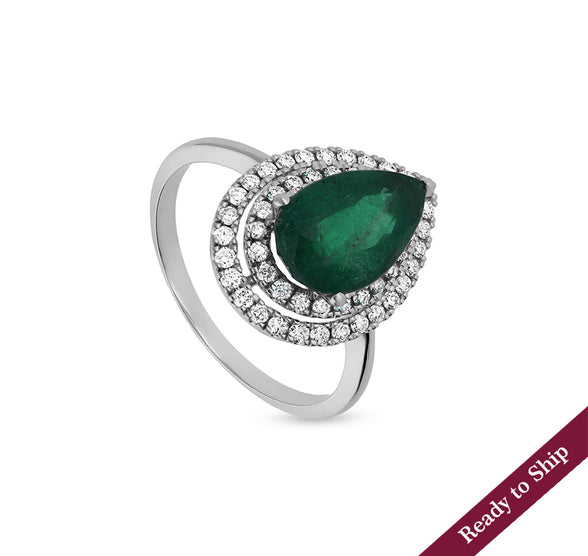 Green Pear Shape With Round Natural Diamond White Gold Double Halo Ring