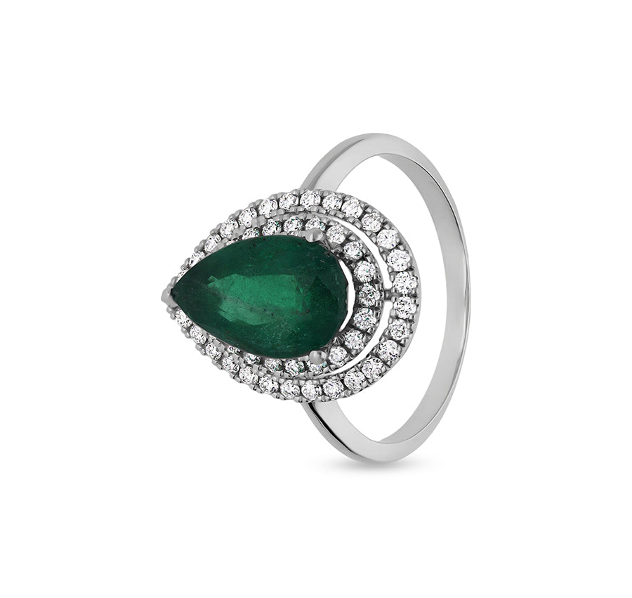 Green Pear Shape With Round Natural Diamond White Gold Double Halo Ring