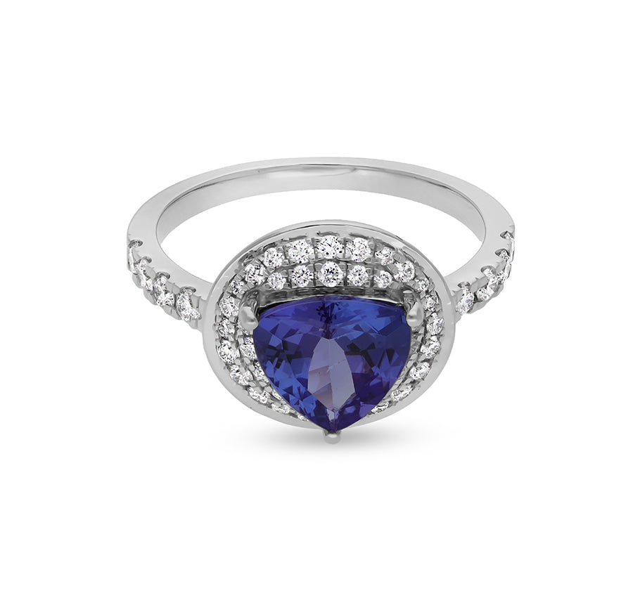 Blue Triangle Tanzanite With Round Natural Diamond White Gold Engagement Ring