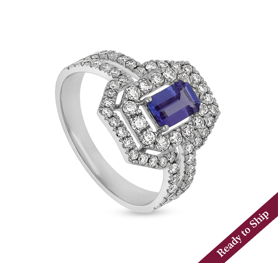 Blue Tanzanite Emerald Shape Diamond White Gold Engagement Ring