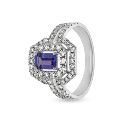 Blue Tanzanite Emerald Shape Diamond White Gold Engagement Ring