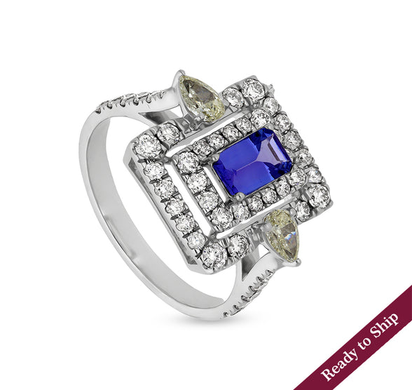 Blue Tanzanite With Pear Shape Diamond White Gold Engagement  Ring