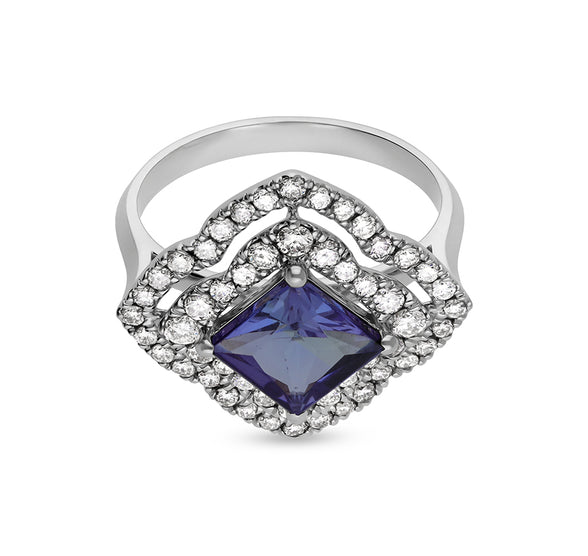 Princess shape Blue Tanzanite With Natural Diamond White Gold Engagement Ring