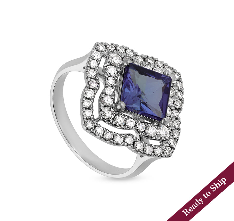 Princess shape Blue Tanzanite With Natural Diamond White Gold Engagement Ring