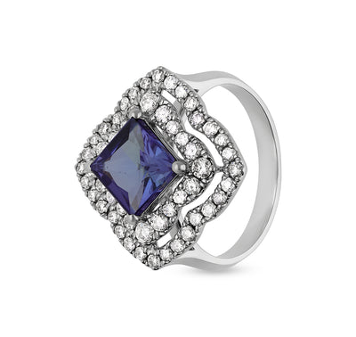 Princess shape Blue Tanzanite With Natural Diamond White Gold Engagement Ring