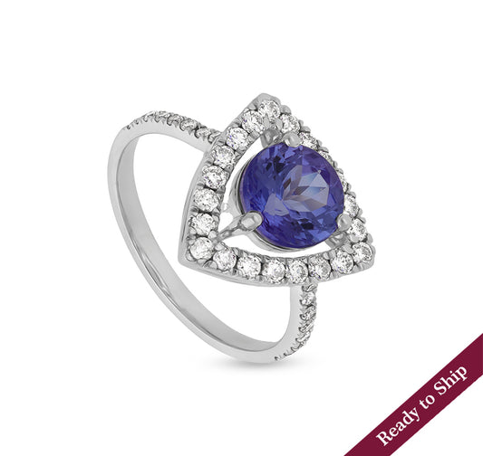 Blue Tanzanite with Round Natural Diamond White Gold Engagement Ring