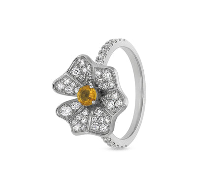 Floral Shape Round Sapphire Yellow Diamond White Gold Cocktail Ring