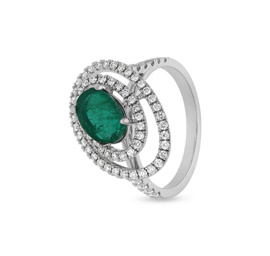 Green Oval Shape Round Natural Diamond With Prong Set White Gold Halo Ring