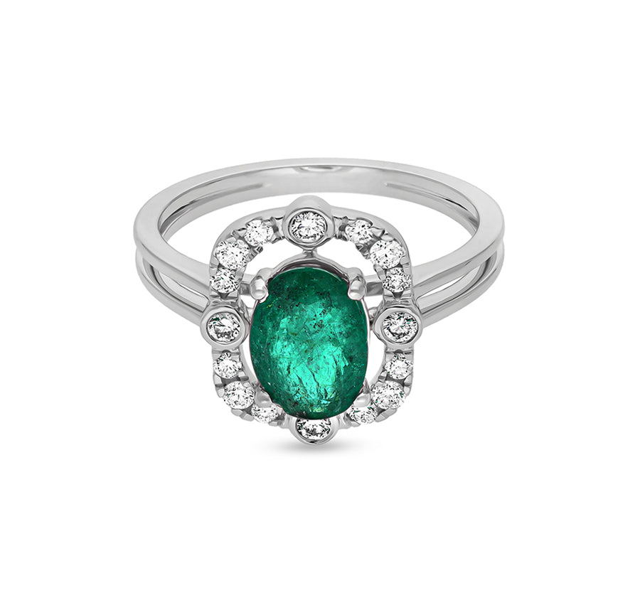 Green Oval Shape Round Natural Diamond With Prong & Bezel Setting White Gold Halo Ring