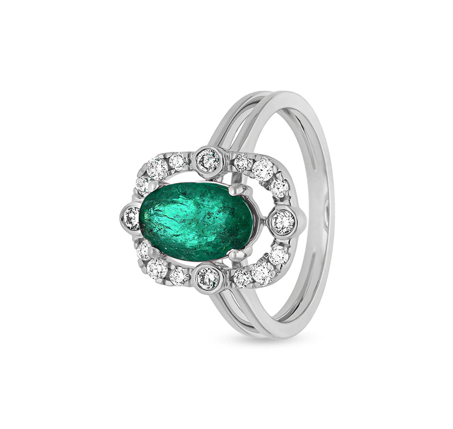 Green Oval Shape Round Natural Diamond With Prong & Bezel Setting White Gold Halo Ring