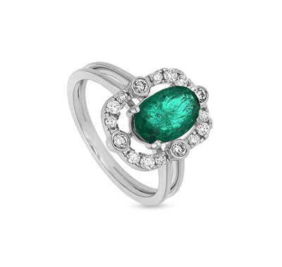 Green Oval Shape Round Natural Diamond With Prong & Bezel Setting White Gold Halo Ring