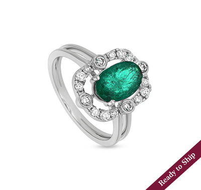 Green Oval Shape Round Natural Diamond With Prong & Bezel Setting White Gold Halo Ring