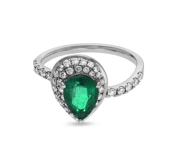 Green Pear Shape Round Natural Diamond With Prong Setting White Gold Casual Ring