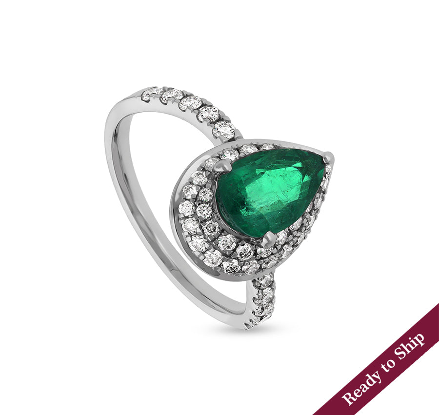 Green Pear Shape Round Natural Diamond With Prong Setting White Gold Casual Ring