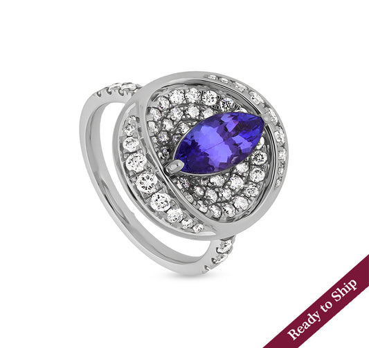 Blue Tanzanite Marquise Round Natural Diamond White Gold Casual Ring