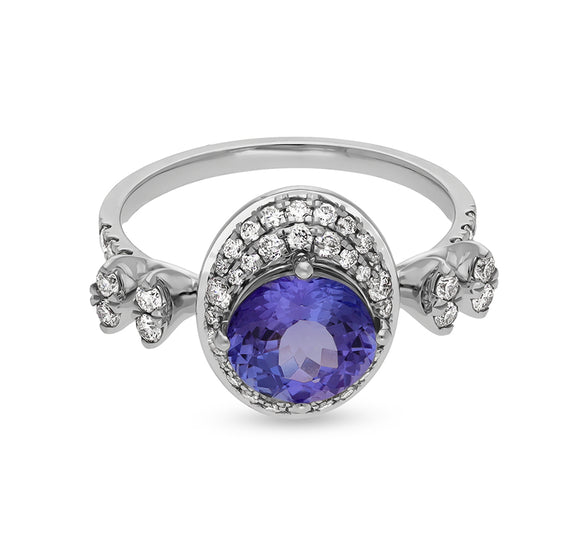 Oval Shape Round Tanzanite and Natural Diamond White Gold Engagement Ring