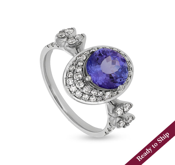 Oval Shape Round Tanzanite and Natural Diamond White Gold Engagement Ring