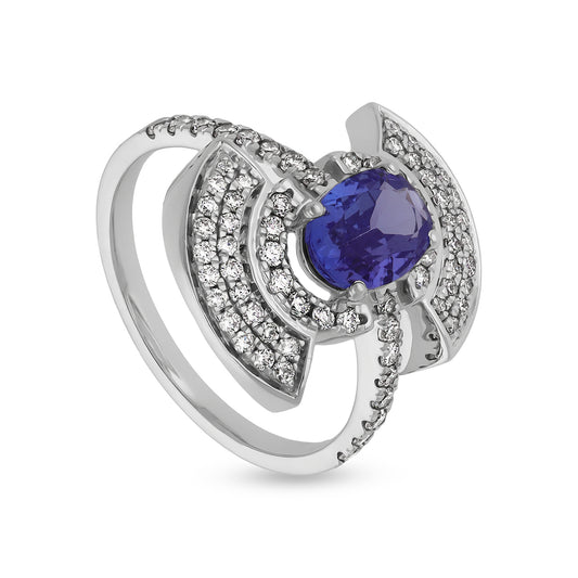 Blue Oval Stone Round Natural Diamond With Prong Set White Gold Cocktail Ring
