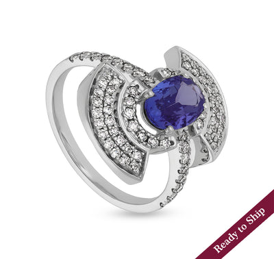 Blue Oval Stone Round Natural Diamond With Prong Set White Gold Cocktail Ring