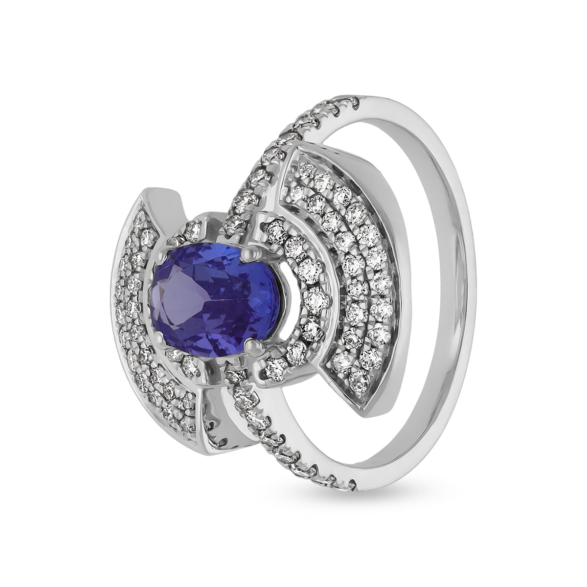 Blue Oval Stone Round Natural Diamond With Prong Set White Gold Cocktail Ring