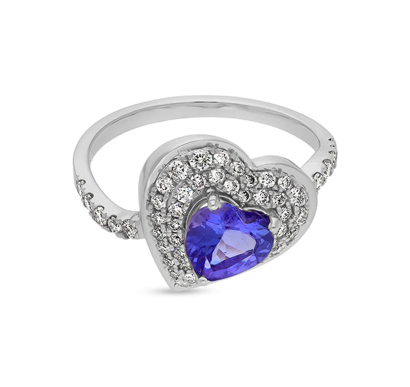 Blue Tanzanite Heart Round Natural Diamond With Pave & Prong Set White Gold Casual Ring