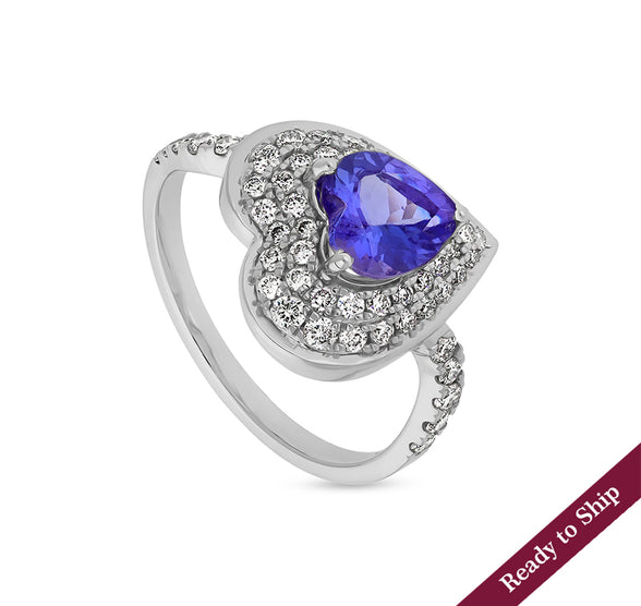 Blue Tanzanite Heart Round Natural Diamond With Pave & Prong Set White Gold Casual Ring