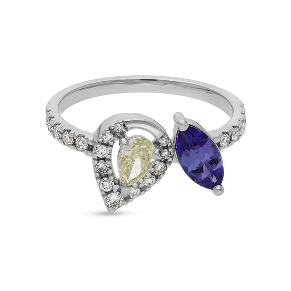 Pear Shape with Blue Tanzanite Round Natural Diamond White Gold Casual Ring