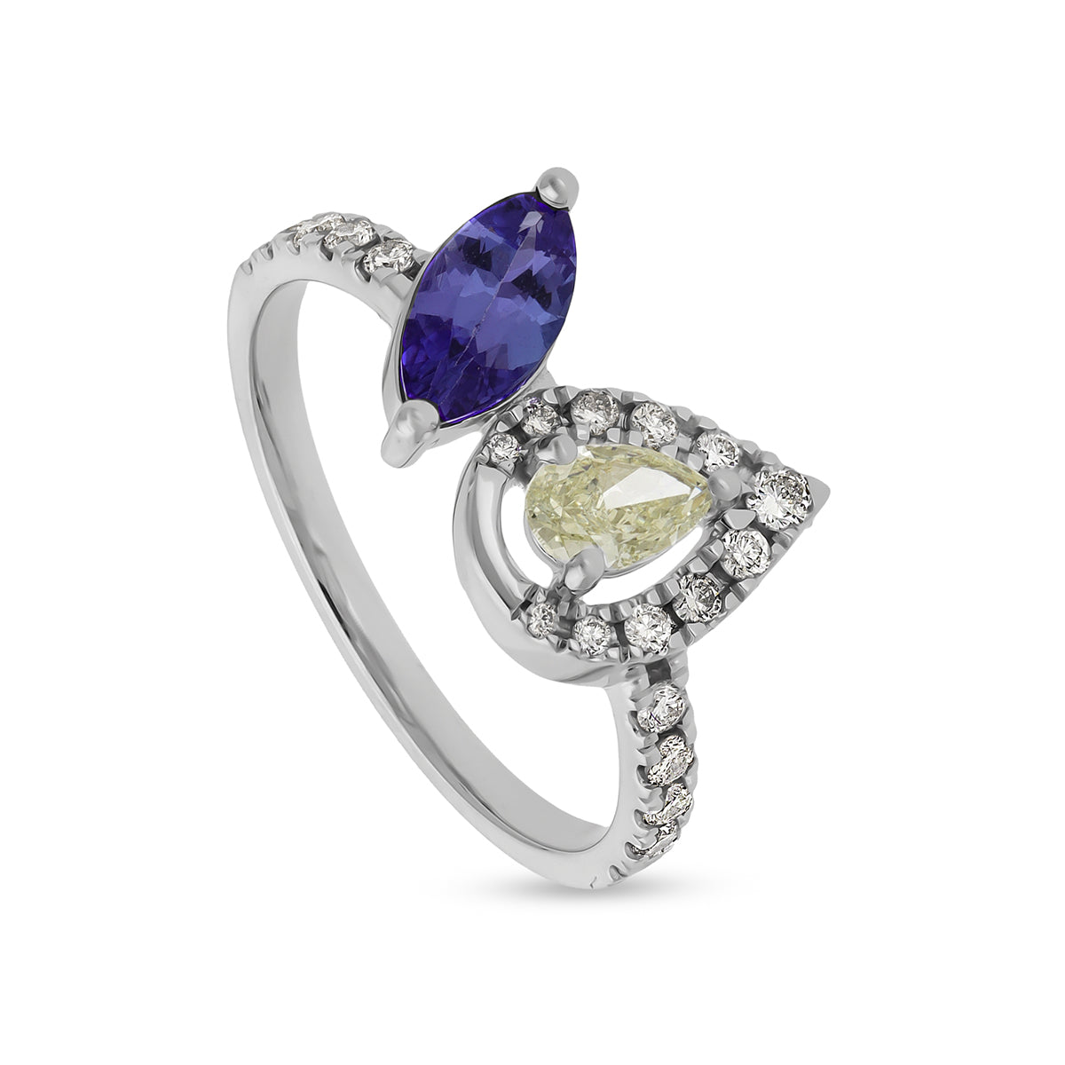 Pear Shape with Blue Tanzanite Round Natural Diamond White Gold Casual Ring