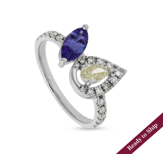 Pear Shape with Blue Tanzanite Round Natural Diamond White Gold Casual Ring