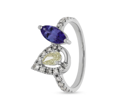 Pear Shape with Blue Tanzanite Round Natural Diamond White Gold Casual Ring