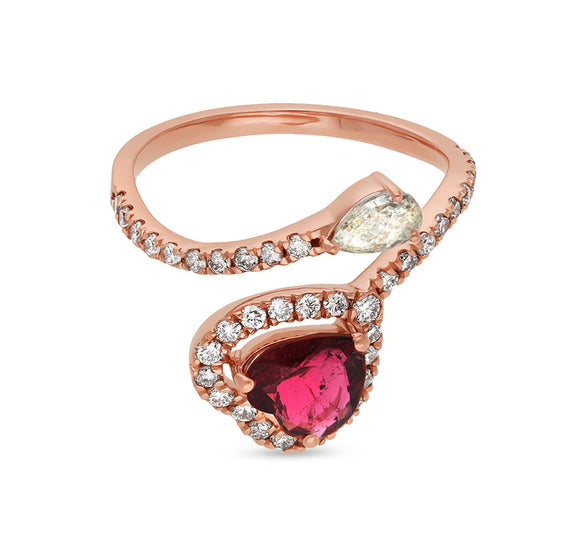 Pink Tourmaline Heart Shape With Pear Cut Diamond Rose Gold Engagement Ring