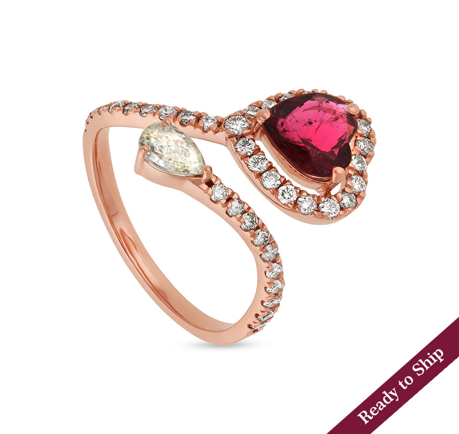 Pink Tourmaline Heart Shape With Pear Cut Diamond Rose Gold Engagement Ring