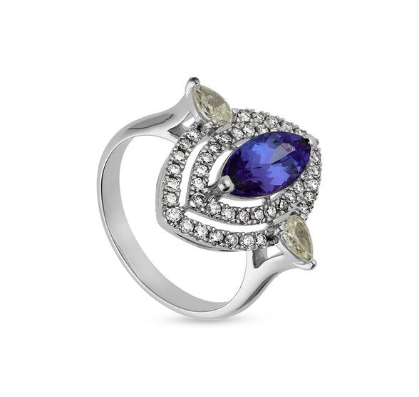 Eye Shape With Pear & Marquise Tanzanite Fancy White Gold Halo Ring