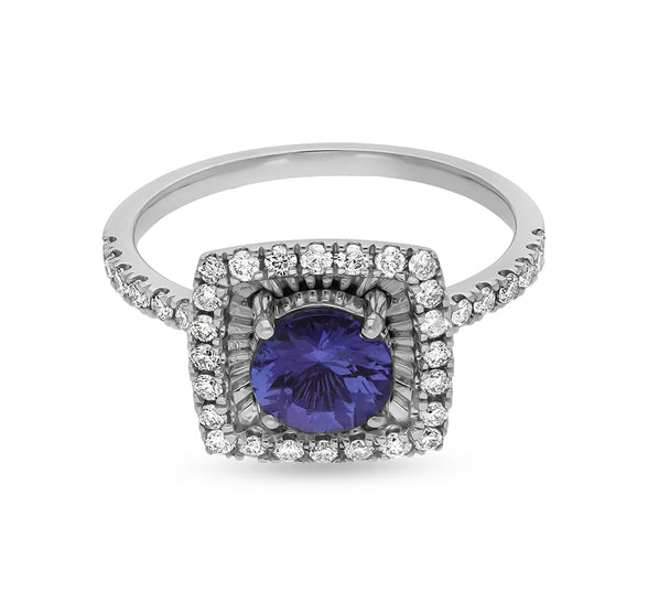 Round Shape Blue Tanzanite With Prong Set Diamond White Gold Casual Ring