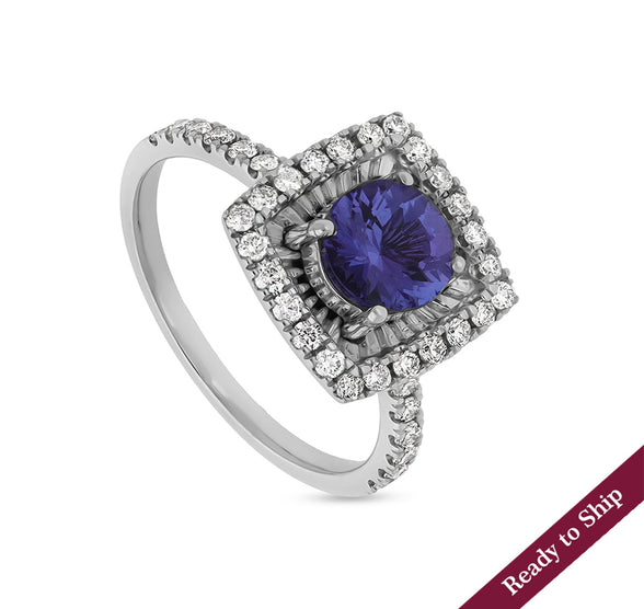 Round Shape Blue Tanzanite With Prong Set Diamond White Gold Casual Ring