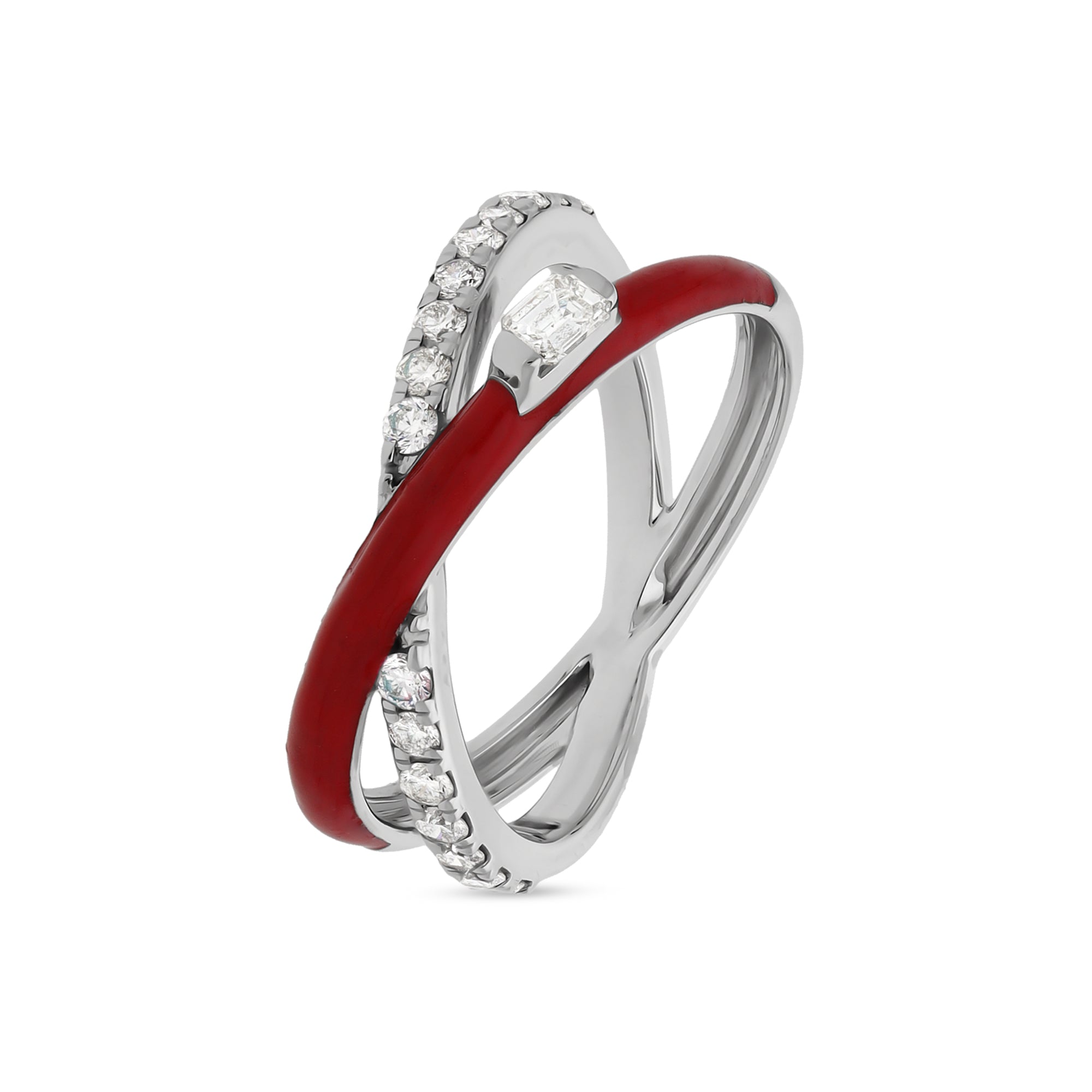 Red Enamel With Emerald Shape Diamond Crisscross White Gold Casual Ring