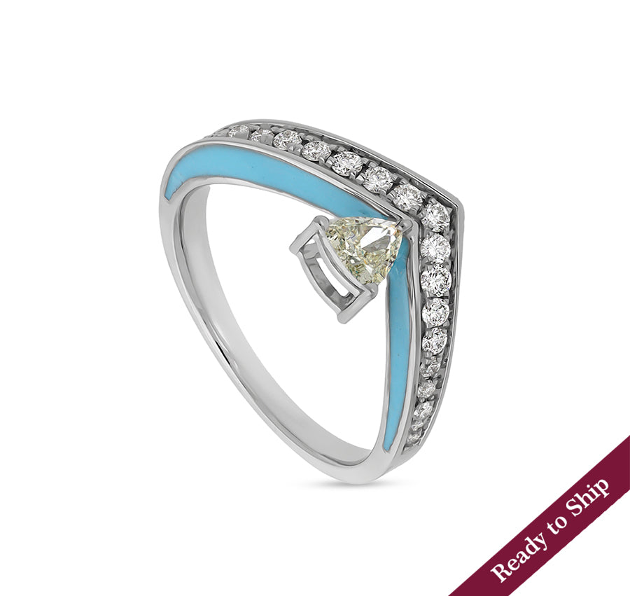 Sky Blue Enamel With Triangle Diamond White Gold Casual Ring
