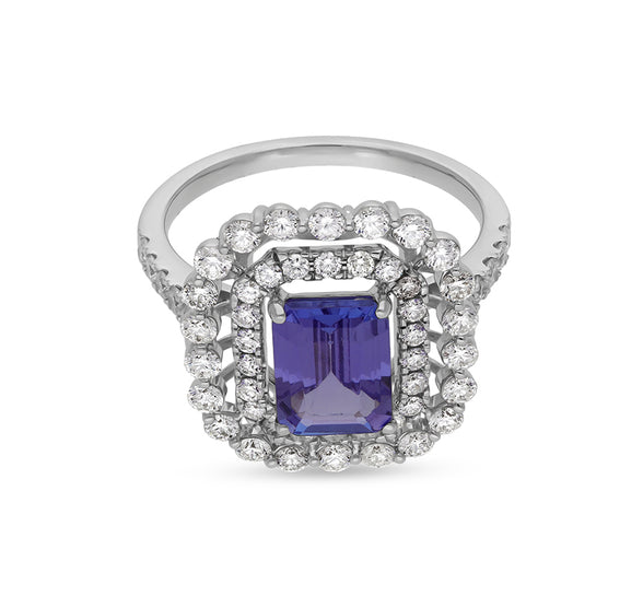 Emerald Blue Tanzanite With Round Natural Diamond White Gold Engagement  Ring