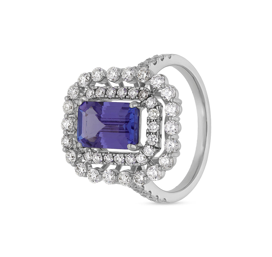 Emerald Blue Tanzanite With Round Natural Diamond White Gold Engagement  Ring