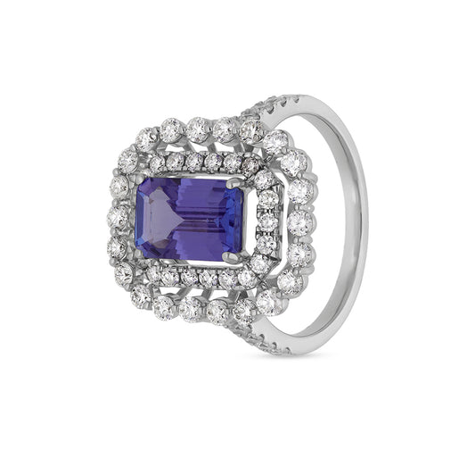 Emerald Blue Tanzanite With Round Natural Diamond White Gold Engagement  Ring