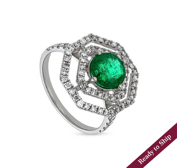 Octagon Shape green Stone With Round Natural Diamond White Gold Cocktail Ring