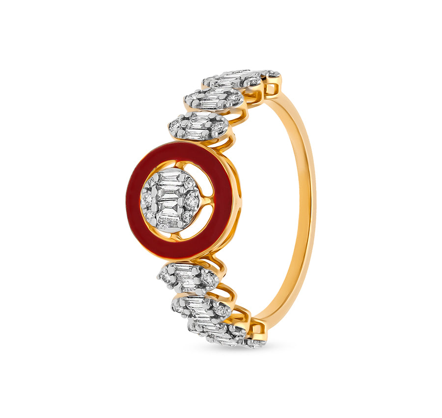 Circle Shape With Red Enamel And Baguette Pressure Yellow Gold Casual Ring