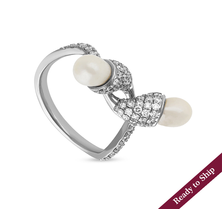 Round Natural Diamond With White Pearl Pave Set Cocktail Ring