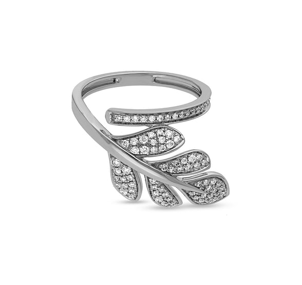 Acacia Leaves Round Natural Diamond With Pave Set White Gold Cocktail Ring