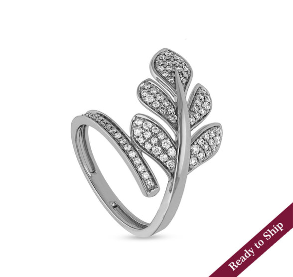 Acacia Leaves Round Natural Diamond With Pave Set White Gold Cocktail Ring