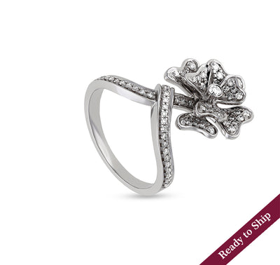 Flower Shape Round Natural Diamond White Gold Cocktail Ring